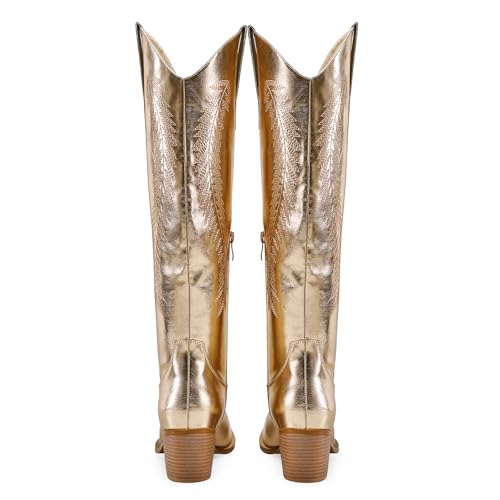 RKQ Women's Metallic Cowboy Boots Sparkle Knee High Cowgirl Boots Embroidered Western Wide Calf Boots with Pull on Tabs Pointed Toe Stacked Chunky Heel for Party Wedding Casual2