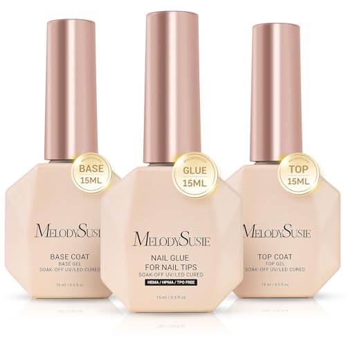 Image of MelodySusie Top Coat Nail Glue Base Coat No Wipe Glossy Set Long Lasting Shine Finish Soak Off UV LED Nail Lamp Nail Art Design Manicure Kit Perfect Gifts for Women Girls 3 Pcs 15ml Clear