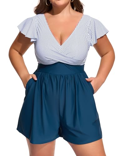 Smismivo Plus Size Rompers Swimsuits for Women Modest One Piece Swim Dress Tummy Control Bathing Suit with Shorts Pockets Full Coverage Swimdress Ruffle Sleeve Swimwear Swimming Suit 2026