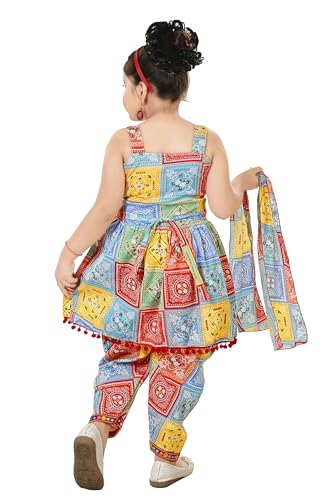 Image of Colourful Ethnic Printed Dress, Dhoti Pant & Dupatta Set for Girls