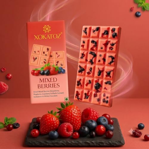 Image of XOKATOZ Exotic Premium Couverture Belgian Chocolate - 1 Mixed Berries Flavoured White Chocolate Bar - Gift set - Pack of 1, 75g (75g x 1)
