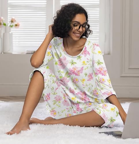 Image of PrinStory Womens Pajama Sets Capri Pjs Soft Lounge Sets XS-4XL