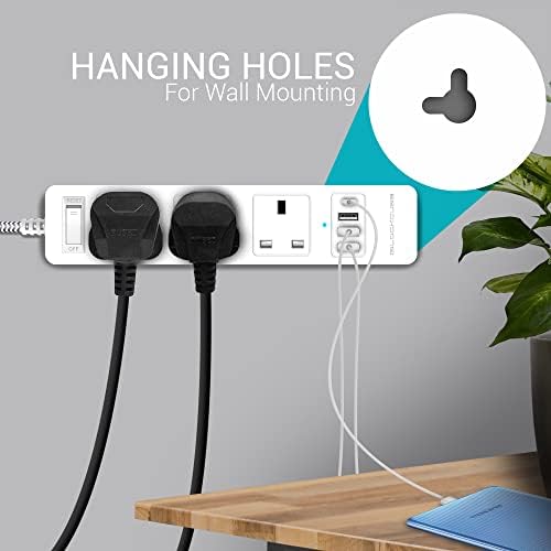iBlockCube 3 Way Extension Lead with 3 USB-A Slots and 1 USB-C Slots Braided Power Strip Cord, 13A UK Plug Extension, Charging Station, Surge Protected 5M/16.4FT Cable Fuse Protector & Shutter - White