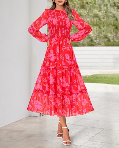 Image of NOLLSOM Women 2026 Spring Dress Floral Boho Dress Casual Long Sleeve Crew Neck Ruffle A-Line Flowy Wedding Guest Maxi Dresses