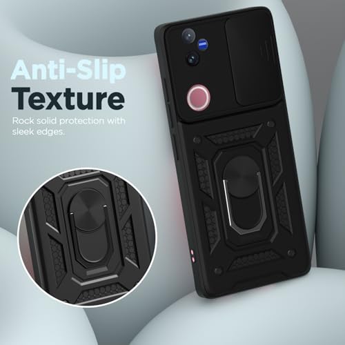 Image of Outlouders Back Cover for Vivo V50 5G | D10 Tough Armor 360 Protection Case with Sliding Camera Shield & Ring Holder Stand Bumper Case (Black)