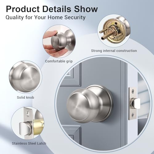 KNOBWELL 5 Pack Passage Door Knob Brushed Nickel,Round Door knob for Hall and Closet Door Knobs, Non-Locking Round Door Handle, Satin Nickel Interior Door Knob, Keyless Stainless Steel Passage Knobs by KNOBWELL - Image 5
