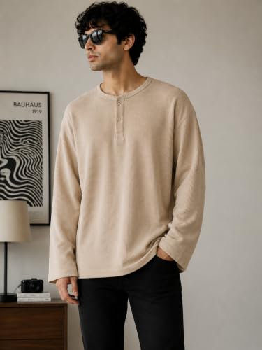Snazzory Oversized Waffle Knit Henley T-Shirt, Beige - Image 3