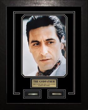 The Godfather Movie Memorabilia Al Pacino as Don Michael Corleone Framed Movie Photo, Plate, Bullets Custom Made Real Wood Modern Charcoal Frame (13 x 17)