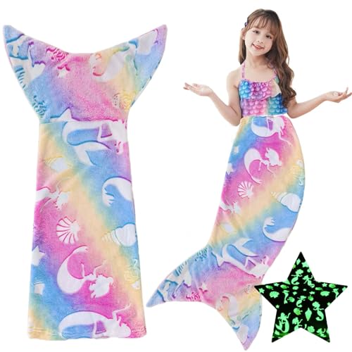 Manta de sirena que brilla en la oscuridad, 100 x 50 cm, aleta de sirena, manta para niñas, niños y adultos, manta de franela para todas las estaciones, saco de dormir, regalo para cumpleaños o