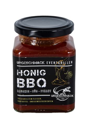 Urgeschmack Eventgrillen Honig BBQ Sauce 300g im Glas ( Rauchig-Süß-Pikante Barbecue Sauce, aus erlesenen Zutaten, mit hochwertigen Honig ) für Spare Rips oder zum Grillen Cover