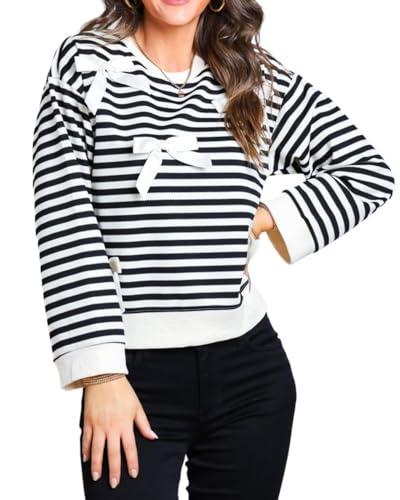 Image of Women's Cute Bow Sweater Striped Long Sleeve Crewneck Pullover Sweaters Holiday Trendy Tops