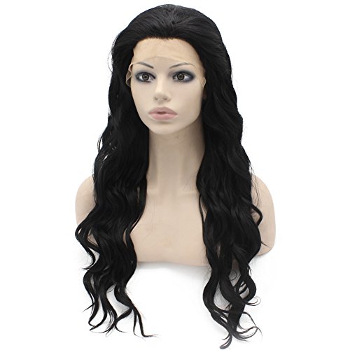 Miniatura 3 de Mxangel - Peluca larga ondulada con encaje frontal, media mano, fibra resistente al calor, peluca de pelo sintético negro