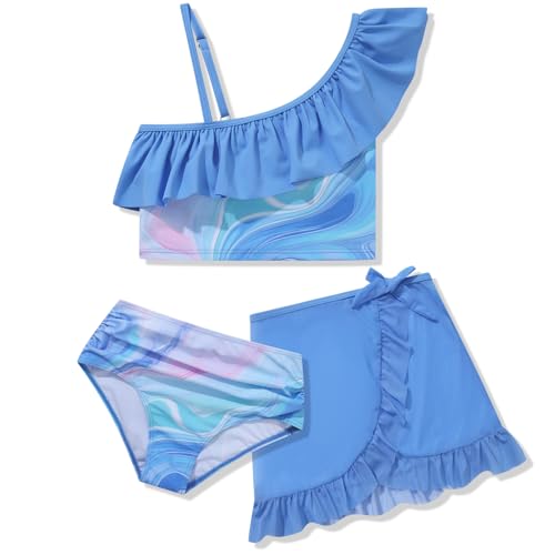 Image of URMAGIC Girls Swimsuits 3 Piece Tankini Bathing Suit Set Bikini Swimwear with Cover Up Beach Skirt 7-14 Years