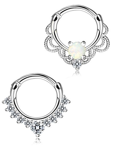 Jstyle 2 Pcs a Set 316L Brass Septum Ring Nose Hoop Piercing Clicker Ring Created-Opal 16G