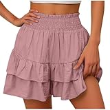 Shorts Damen Sommer, Baumwolle Elastisch High Waist Kurze Hosen Causal Rüschen Strandshorts Einfarbig Freizeit Sommershorts Leicht Lose Sweatpants Sport Yoga Fitness Loungewear