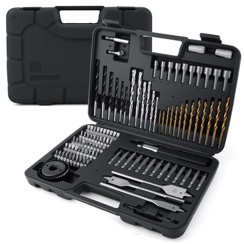 Juego Profesional 111 Piezas Brocas y Puntas en Maletín para Madera, Metal y Mampostería, con Fresas Planas, Sierras de Corona y Accesorios, Compatible con Taladros Bosch y Otros