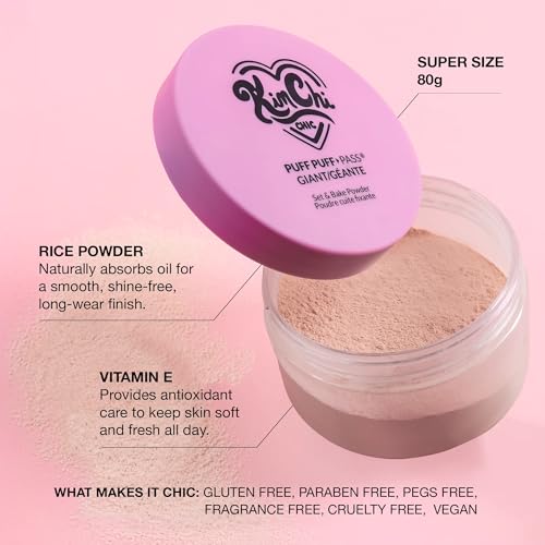 Image of KimChiChic Beauty Giant Puff Puff Pass Set & Bake Powder - Loose Setting Powder with Rice Powder & Vitamin E, Finely Milled for All Day Wear, Translucent 80g