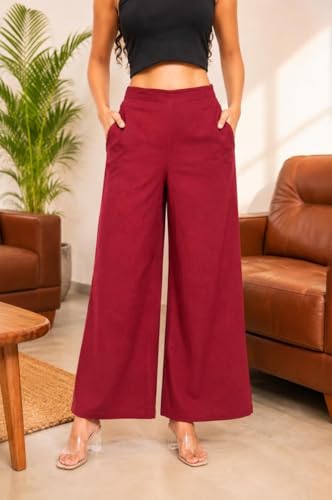 Image of Women Airy Linen Wide Leg Pants | High Waist Casual Summer Trousers | Lightweight Breathable Palazzo Pants BPWLCB01 PRT