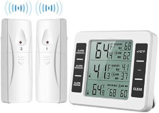 Refrigerator Thermometer, Wireless Digital Freezer Thermometer with 2 Wireless Sensors, Audible Alarm, Min/Max