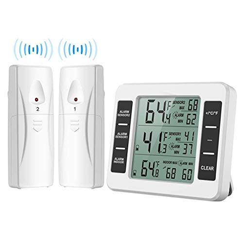 Refrigerator Thermometer, Wireless Digital Freezer Thermometer with 2 Wireless Sensors, Audible Alarm, Min/Max