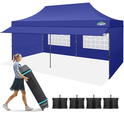 COBIZI 10x20 Pop Up Canopy Tent with Awning & Sidewalls, Heavy Duty Commercial 10X20 Canopy Tents Instant Waterproof, UPF 50+ Sun Shade for Outdoor, Parties, Markets (Deep Blue)