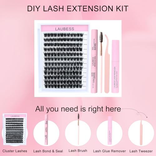 Image of Lash Extension Kit LAUBESS Lash Clusters Kit Cluster Eyelash Extensions Kit Eyelash Clusters Lash Bond and Seal Waterproof Tweezers Brush Lash Glue Remover (Kit 03-D-Mix14-18)