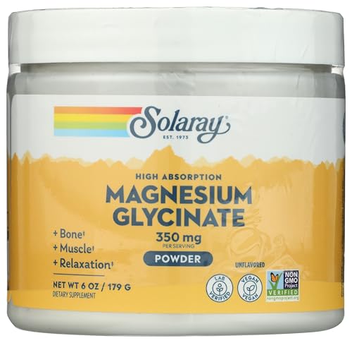 SOLARAY Magnesium Glycinate Powder 350 mg - Unflavored Magnesium Powder - Magnesium Supplement for Bone, Muscle, and Relaxation Support - Vegan, Non-GMO, 60-Day Guarantee - 50 Servings, 6 OZ