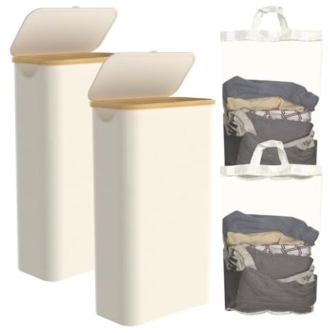 Slim Laundry Hamper with Lid, 60L Laundry Basket with Handles, Skinny Narrow Collapsible Dirty Clothes Hamper with Removable Laundry Bag for Bathroom Bedroom Dorm Clothes Toys Towels (Beige, 2 Pack) Cover
