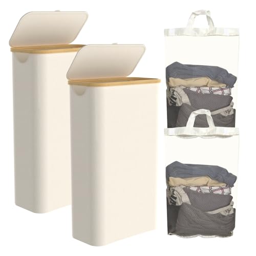 Slim Laundry Hamper with Lid, 60L Laundry Basket with Handles, Skinny Narrow Collapsible Dirty Clothes Hamper with Removable Laundry Bag for Bathroom Bedroom Dorm Clothes Toys Towels (Beige, 2 Pack)
