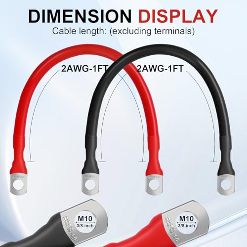 Nicholaus 2AWG 1FT Heavy-Duty Battery Cable Set (1 Positive & 1 Negative), 3/8" M10 Thickened Large Terminals, 2 Gauge Pure Copper Battery Cables Inverter Cable, for All Kinds of Cars, Solar, Marine. by Nicholaus - Used condition - Image 2