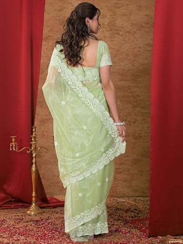 Image of Satrani Women's Net Embroidery Saree with Unstitched Blouse Piece