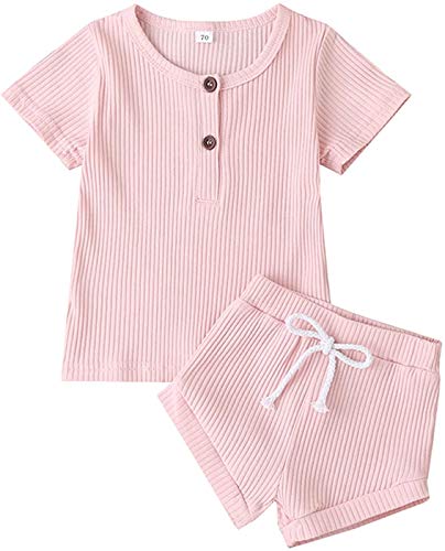 Infant Toddler Baby Boy Girl Unisex Pajamas Ribbed Knit T-Shirts Top and Shorts Summer Pjs Clothes Outfits Set (Pink, 9-12 Months)