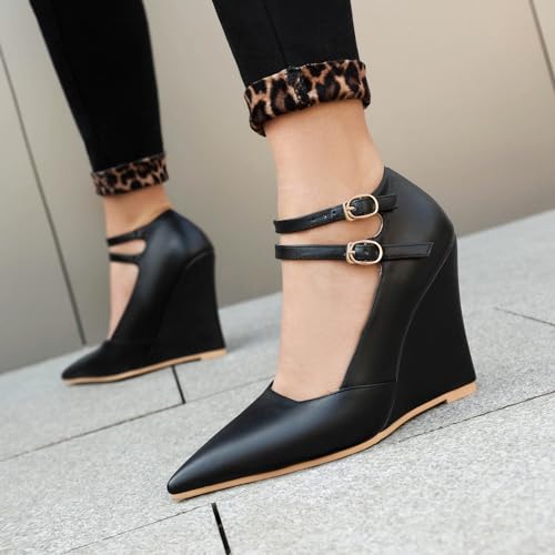 Fashion Wedge Heel Pumps for Women Double Ankle Strap Pumps Closed Pointed Toe Wedge High Heels4