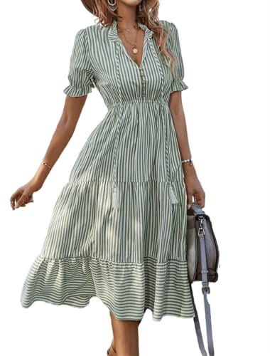Shirt Dress for Women, Sleeveless V-Neck Striped Midi Dress, Pleated Ruffle Casual Button-Down Dress