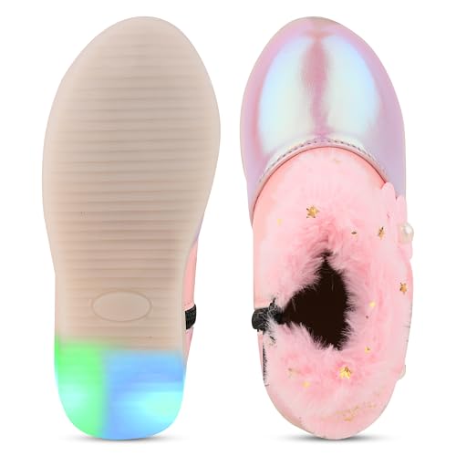 Image of Hooh Kids Girls LED Light Up Shoes Cum Boots with Faux Fur Trim and Flower Applique for 0 Months to 12 Years (for Greater Than 5 Years Age vs Size Chart in Images)