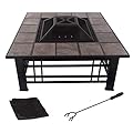Fire Pit Set, Wood Burning Pit - Includes Spark Screen and Log Poker - Great for Outdoor and Patio, 32” Square Tile Firepit by Pure Garden