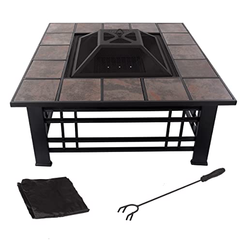 Fire Pit Set, Wood Burning Pit - Includes Spark Screen and Log Poker - Great for Outdoor and Patio, 32” Square Tile Firepit by Pure Garden