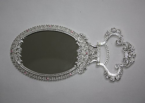 Sehamano Vintage Antique Foldable Embossed Roses & Small Hearts Pattern Makeup Table Mirror, Decorative Oval Shaped Mirror, Antique Vanity Cosmetic Double Sided Metal Frame Mirror (Shiny Silver) #TOP4