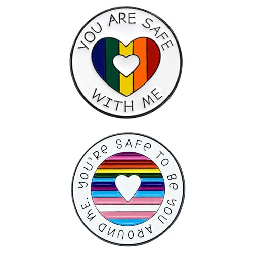 Image of Round Rainbow Enamel Brooch For Women Men, You're Safe To Be You Around Me Badge Pin with Inspirational Quote Lapel Brooches for Clothing Bags Backpacks Jackets Hat Accessory Decoration Jewelry Gifts