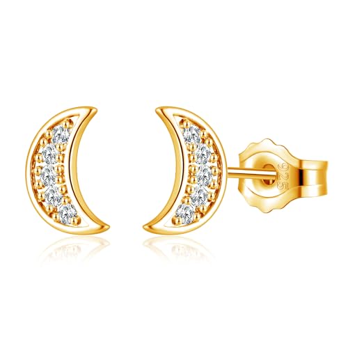 Kamise 925 Silber Ohrstecker Damen, 8mm Klein Schlafen Ohrringe Stecker, 925 Sterling Silber Ohrstecker Ohrring für Mädchen Kinder, Gold Mond Zirkonia Ohrringe Stecker mit Geschenkbox