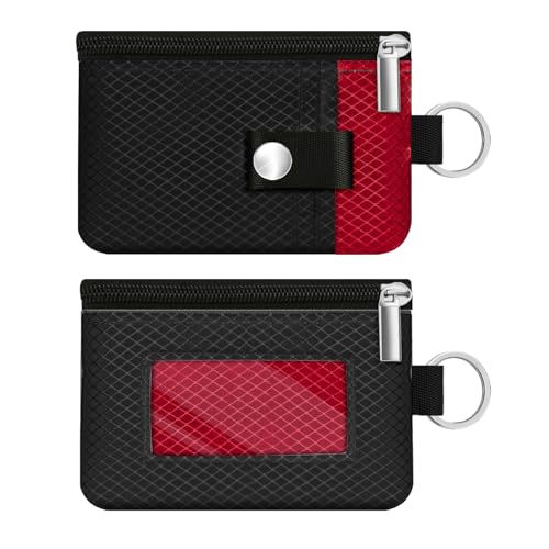 Image of Minimalist RFID Blocking Small Wallet with ID Window,WaterResistant Zip Id Case Wallet with Lanyard Keychain for Cards,Cash,Travel,Women,Men (Black /Red)