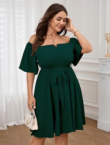 Image of SCOMCHIC Womens Plus Size Cocktail Dress Summer Off Shoulder Short Sleeve Flowy Ruffle A-Line Cute Mini Dress with Belt