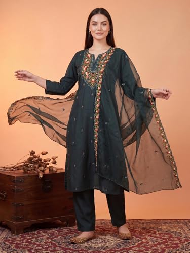 Image of INDO ERA Women's Silk Blend Floral Embroidered Thread Work Kurta & Pant with Dupatta Set
