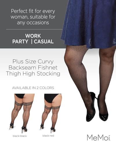 MeMoi Plus Size Curvy Fishnet Thigh High Stockings, Sheer Fishnet Stockings for Women, Nylon Thigh Highs, Sizes 1X-7X2