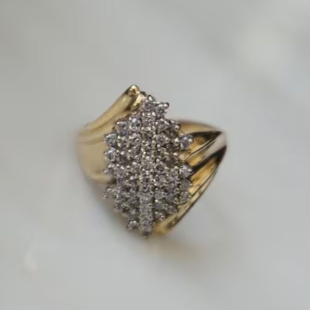 Silvart 2 Ct Round Brilliant Diamond Marquise Shaped Cluster Fluted Band Waterfall Ring 14K Two Tone Gold Plated Retro Antique Vintage Style 925 Sterling Silver Handmade Women's Ring Gift