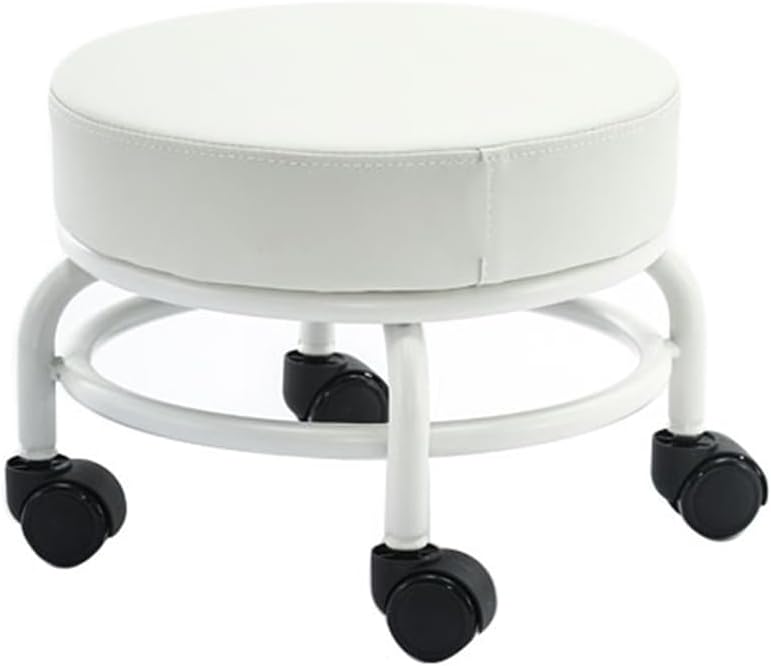 Heavy-Duty Low Roller Stool with 360° Swivel Wheels, 550-lb Load Capacity, Low-Height Short Rolling Stool Seat, PU Leather Small Mechanic Chair, Rolling Stools for Garage and Shop White