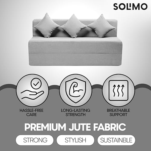 Image of Amazon Brand - Solimo 3 Seater 5 * 6 Jute Fabric Washable Cover Sofa Cum Bed with 3 Cushions 3 Seater Double Foam Fold Out Sofa Cum Bed (Finish Color - Light Grey Delivery Condition - Pre-Assembled)