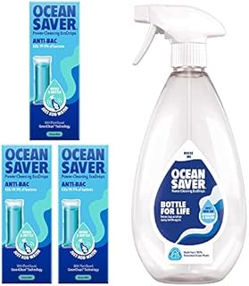 OceanSaver Anti-Bacterial All Surface Cleaner Starter Kit, Anti-Bac Cleaning Product for Disinfecting Surfaces, Just Add Water - 3 x Ocean Mist Scented Eco Drop Refills, 1 x 750ml Bottle for Life