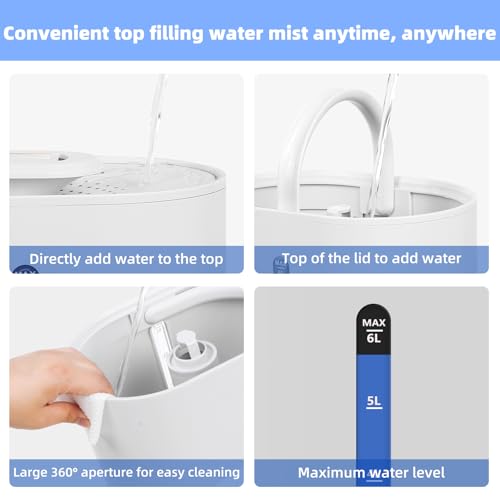 Image of 6L Humidifiers for Bedroom Large Room Home, Cool and Warm Humidifier for Baby and Plants Mist Top Fill Desk Humidifiers Essential Oil Diffuser, Quiet with Adjustable Mist,360Nozzle-White