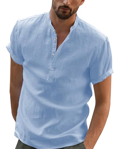 YAOBAOLE Chemisette Homme Manche Courte Chemise en Lin pour Hommes Chemises Col Mao pour Hommes...